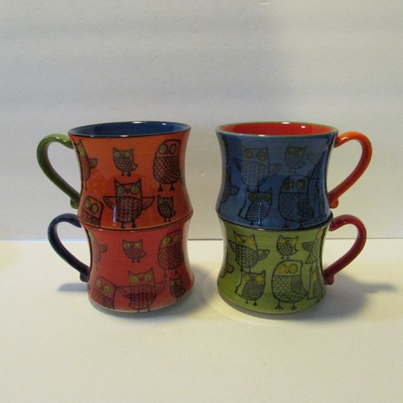 set of 4 stacking colorful owl mugs Pier 1 coffee cups - Picture 1 of 9